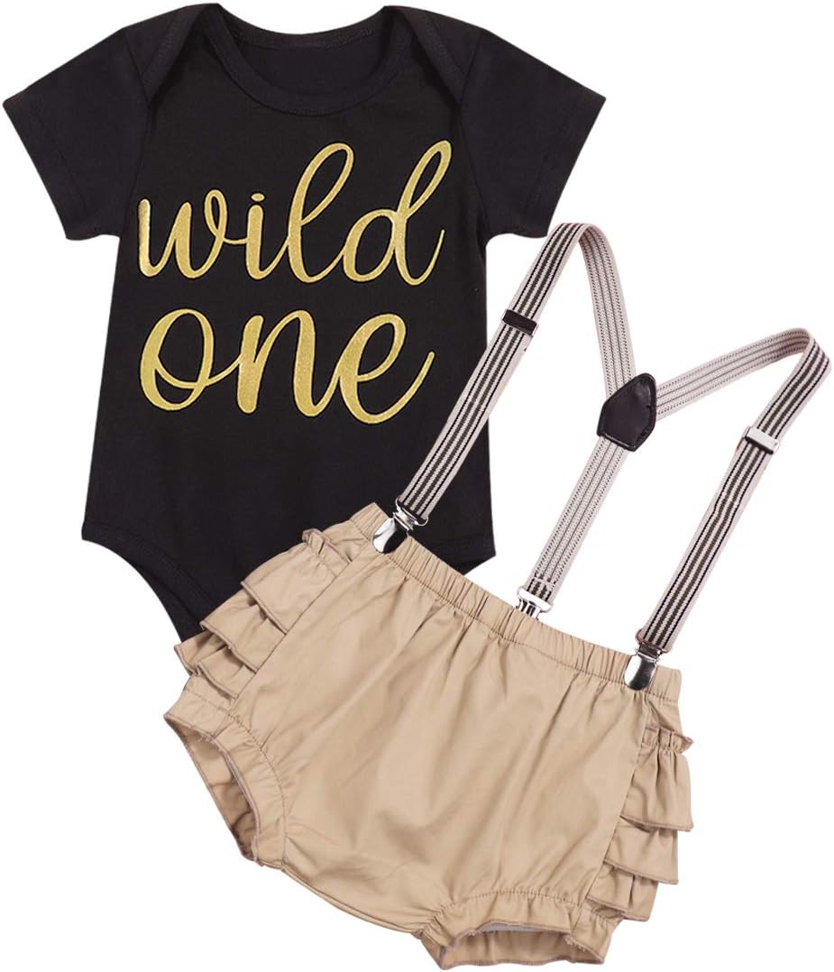 Newborn Baby Girl Clothes Wild One Romper Bodysuit Top Suspenders Ruffle Shorts Summer Outfits Set