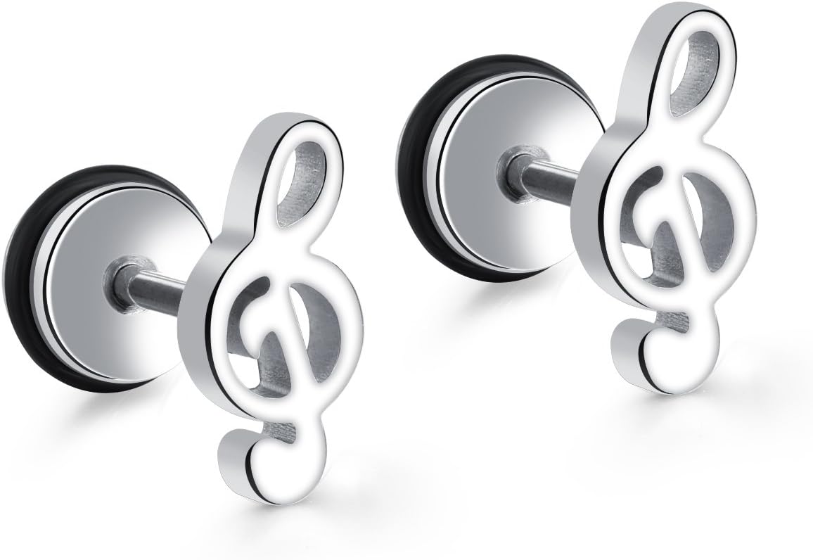 Ellalin Music Musical Note Design Black/ Silver/ Gold Small Stud Earrings Stainless Steel Jewelry For Men