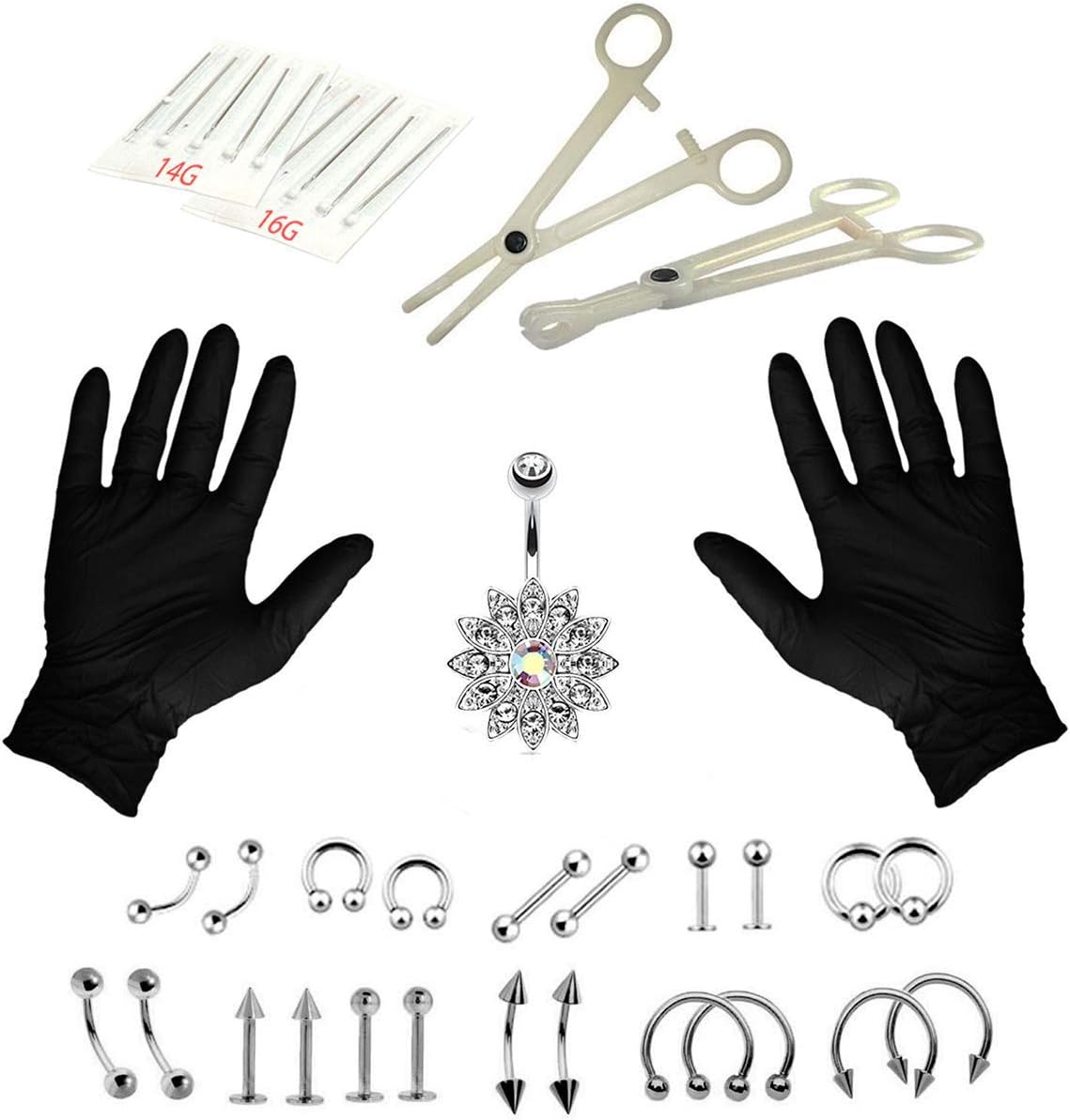 Unihubys Piercing Kit - 41PC Professional Body Piercing Kit Surgical Steel 14G 16G Belly Ring Tongue Nipple Nose Piercing Tool and Piercing Supplies