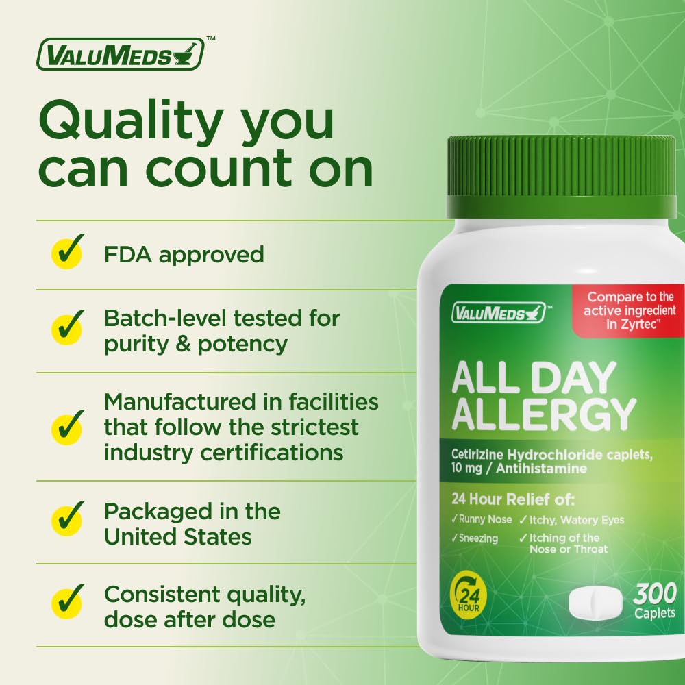 ValuMeds 24-Hour Allergy Medicine Antihistamine for Pollen, Hay Fever, Dry, Itchy Eyes, Allergies | Cetirizine HCl 10mg Caplets, Compare to Leading Brand (300 Count)