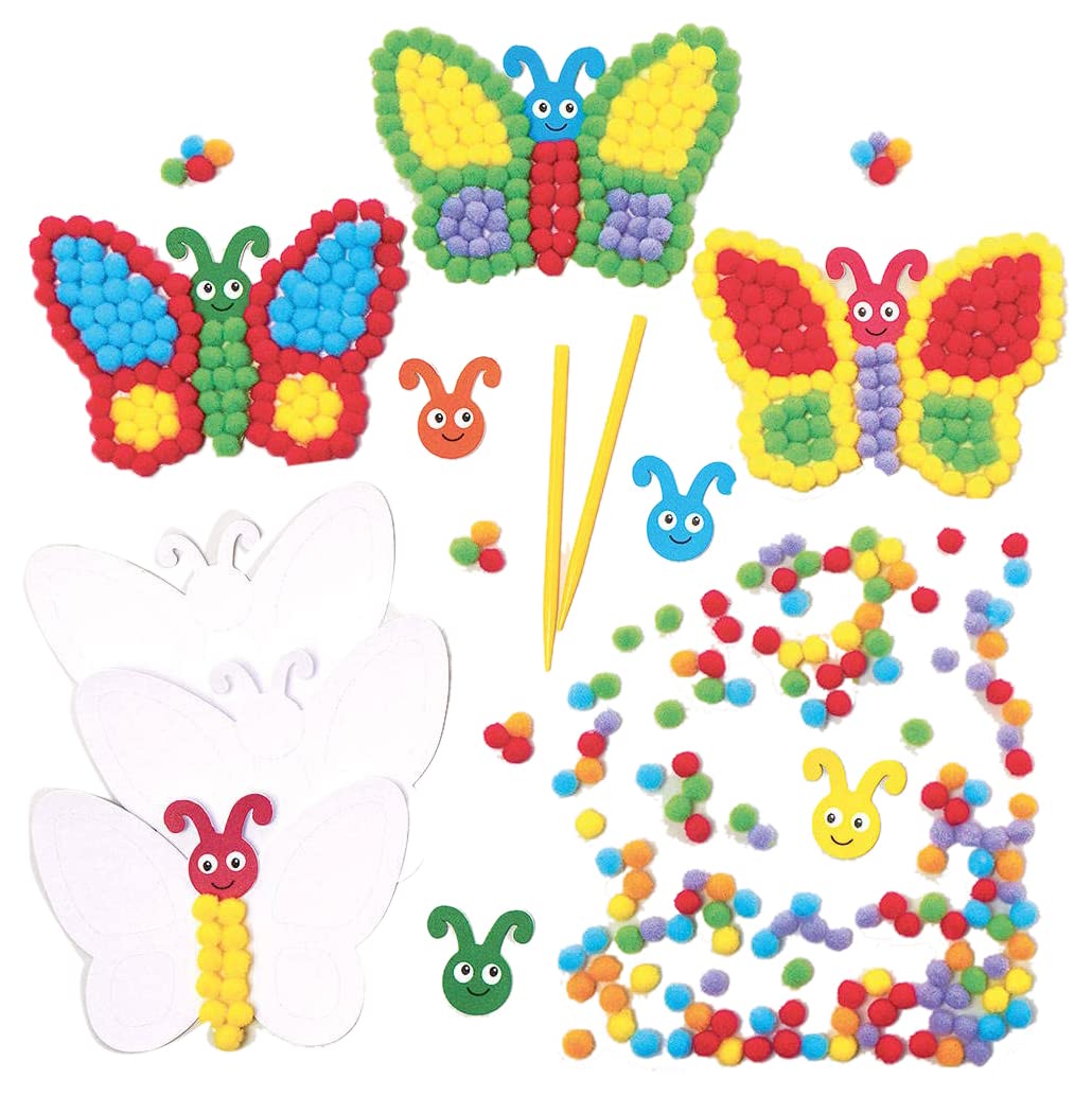 Baker Ross FC809 Butterfly Pom Pom Art Kits - Packs of 5, Pom Pom Arts and Crafts Kit for Kids