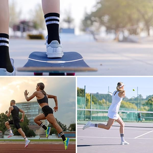 MARRON SMITH 6 PAIRS WOMEN’S AND MEN’S ATHLETIC CUSHIONED STRIPED CREW SOCKS WHITE MEDIUM