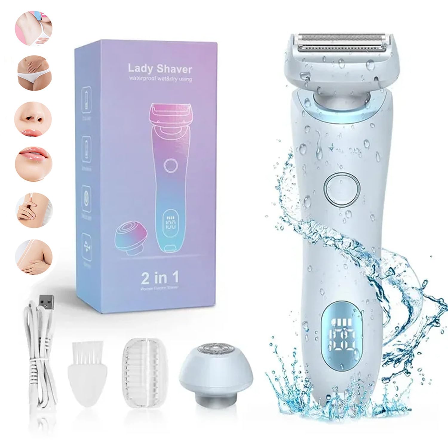 Lady Shaver for Women, 2 in 1 Waterproof Belarae Brazilian Electric Women's Razor for Face Lips Arms Legs Armpits Bikini, Wet & Dry, Painless Hair Removal, Rechargeable Women's Shaver (Blue)