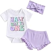 SHUING Baby Girl Half Birthday Outfit Half Way to One Short Sleeve Romper Ruffle Shorts Set Infant Summer Clothes Headband