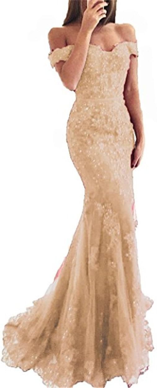 YSMei Women's Off Shoulder Long Lace Prom Dress Mermaid Beaded Evening Gown 418