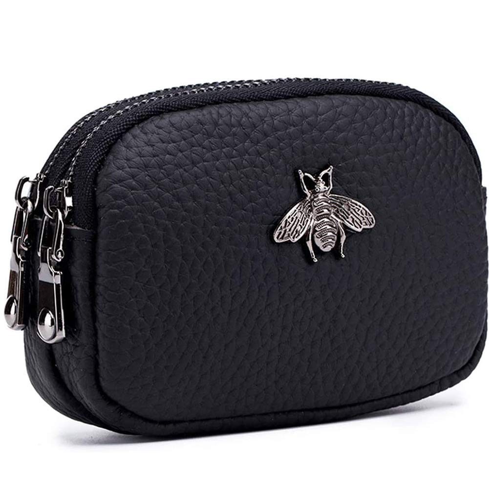 Alouweekuky Genuine Leather Coin Purse Women Large Capacity,Small Portable Purses For Women With Zip,Ladies Purse For Change Coins Credit Cards Keys Earphones Lipstick Storage(Black)