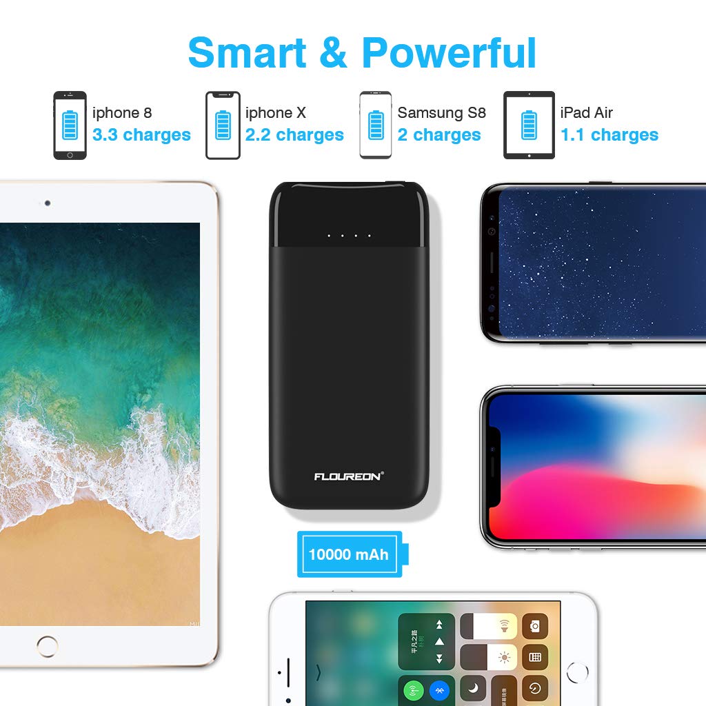 FLOUREON 10000mAh Portable Power Bank External Battery Pack with QC 3.0 High Speed Output (Black)