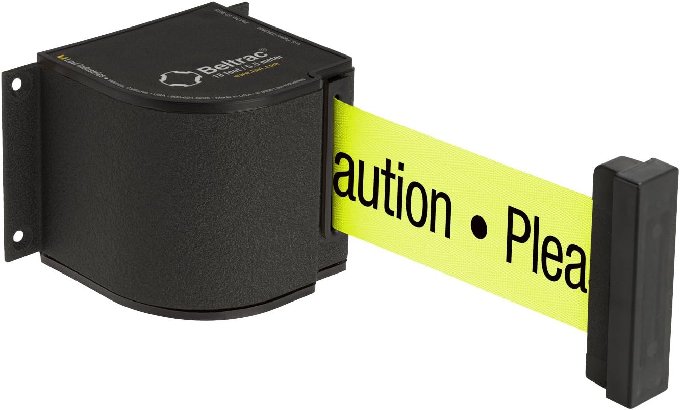 Beltrac 18 ft Wall-Mounted Retractable Belt Safety Barrier, Wrinkle Black with "Caution" Belt