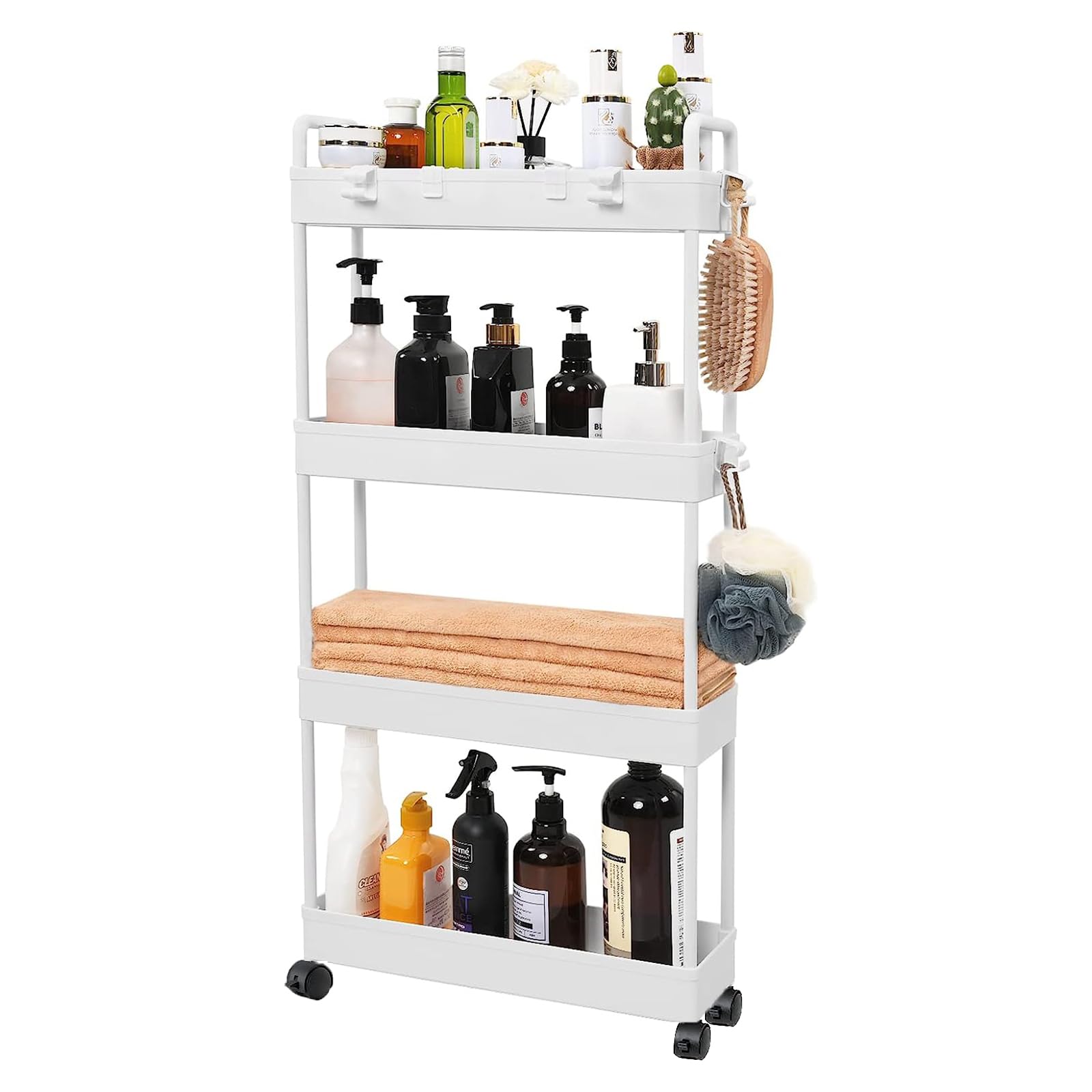 Wuudi Slim Rolling Storage Trolley with 4 Levels, Multifunctional Trolley, Kitchen Storage Organiser, Slim Storage Cabinet, Mobile Shelf Unit for Bathroom, Kitchen, Laundry Room and Living Room