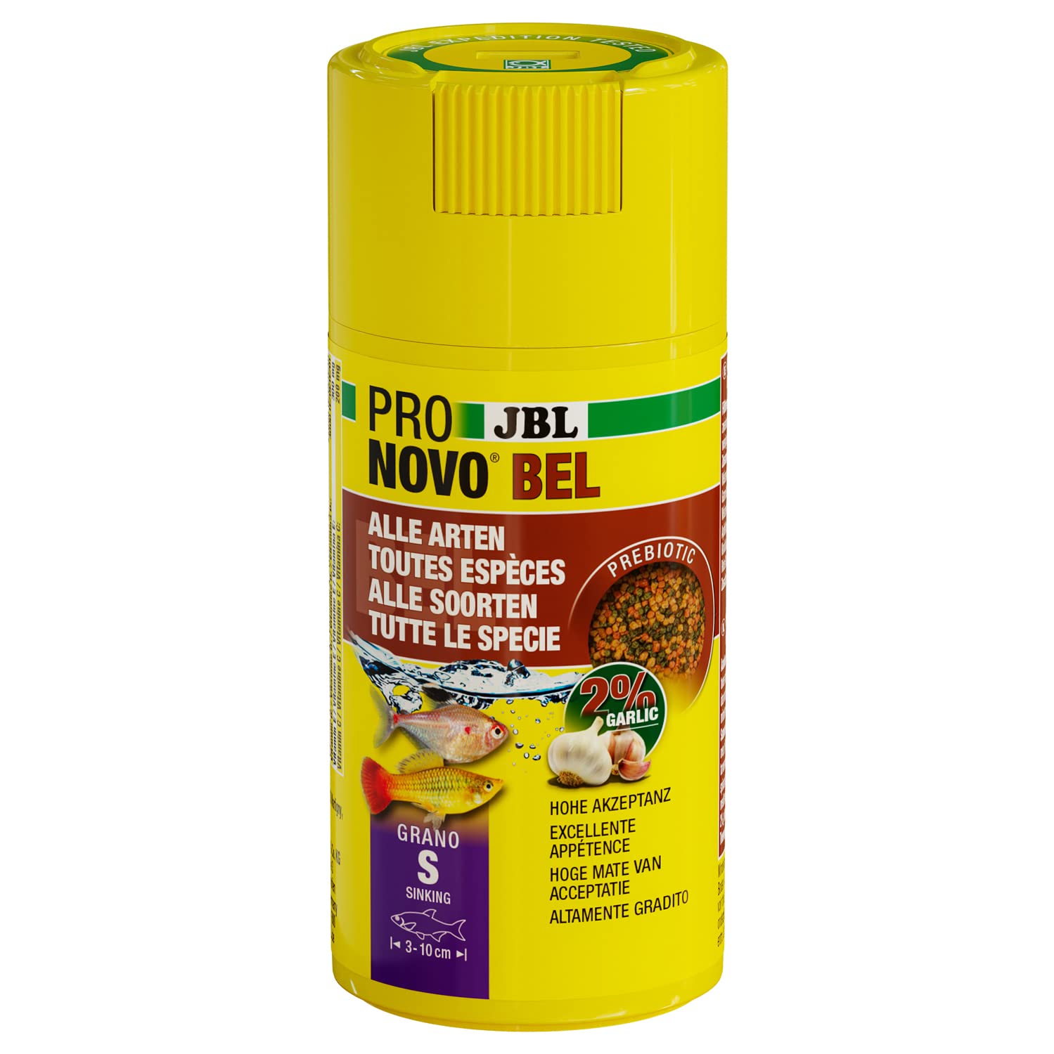 JBL PRONOVO BEL GRANO, alimento principale per tutti i pesci d'acquario 3-10 cm, granuli di cibo per pesci, dosatore a click, taglia S, 100 ml