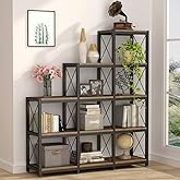 Tribesigns 12 Shelves Bookshelf, Industrial Ladder Corner Bookshelf 9 Cubes Stepped Etagere Bookcase, Rustic 5-Tier Display S