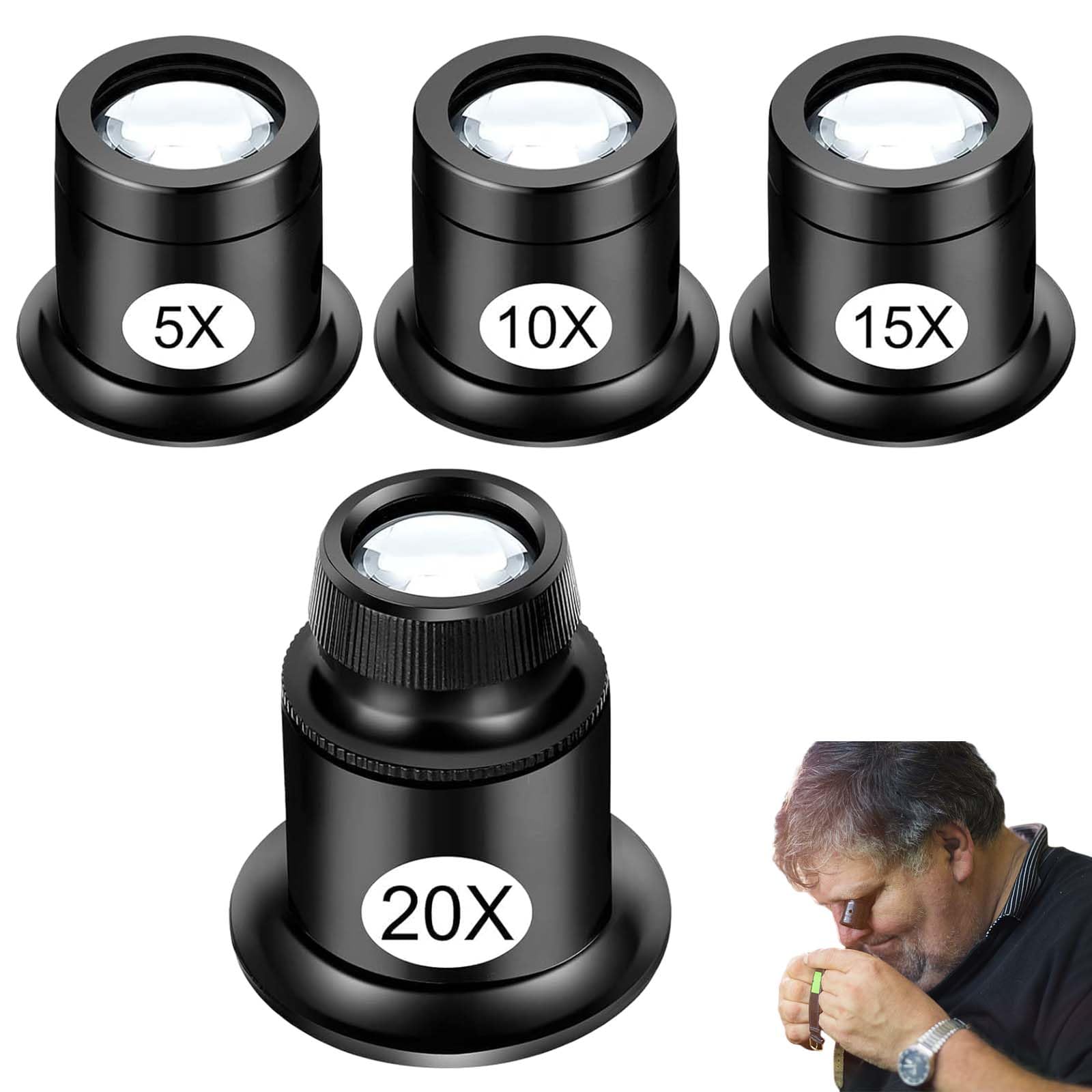 4PCS Jewellers Loupe Eye Loupe Magnifier Jewellers Loop Jewellers Magnifying Glass Watchmakers Eye Glass Professional Monocular Loupe Magnifie Watch Jewelry Experimental Repair Tool(5x 10x 15x 20x)