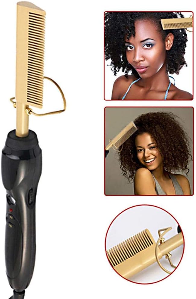 arbitra Hot Comb For Afro Hair Electric Travel Comb Straightener Wand Hair Curling Irons Straightening Comb Hot Electric Titanium Alloy Hair Curler Comb For Afro Hair Care-Gold Color