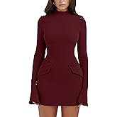 YMDUCH Women's Long Sleeve Mock Turtle Neck Bodycon Mini Tank Short Party Dress