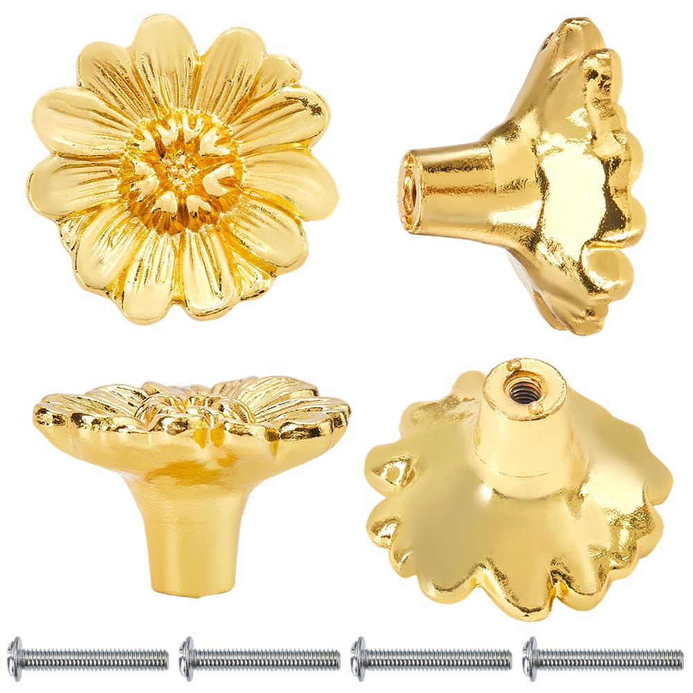 CREATCABIN 4 Set Vintage Gold Flower Drawer Knob Zinc Alloy Drawer Handles with Screw Drawer Pulls Replacement Accessories for Dresser Closet Cupboard Cabinet Door Knobs Kitchen Supplies 1.3x0.8in