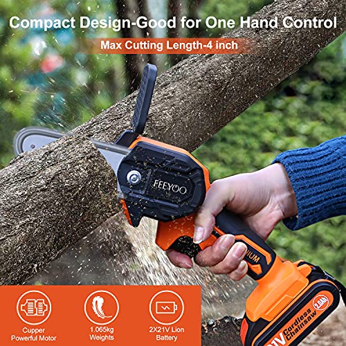 Mini Chainsaw,4-Inch Cordless Chainsaw 21V Portable Electric Chainsaw Kit with 2 Batteries and Chains,One-Handed Portable Battery Chainsaw for Shaping/Branch Wood Cutting /Tree Trimming /Gardening