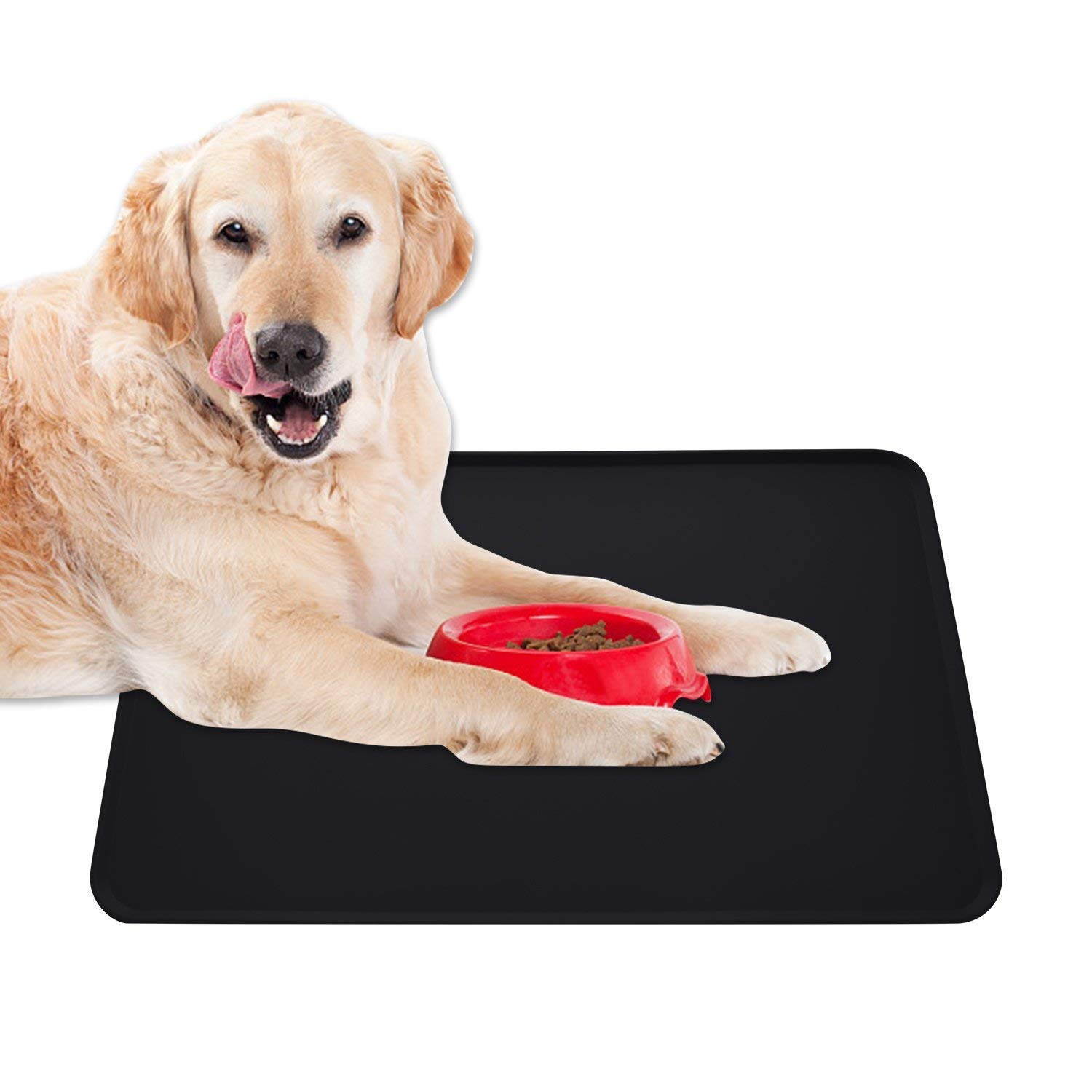 MOACC Dog Food Mat, Silicone Pet Feeding Mat, Non Slip Waterproof Cat Bowls Tray Food Container Placemat for Small Animals (Black)
