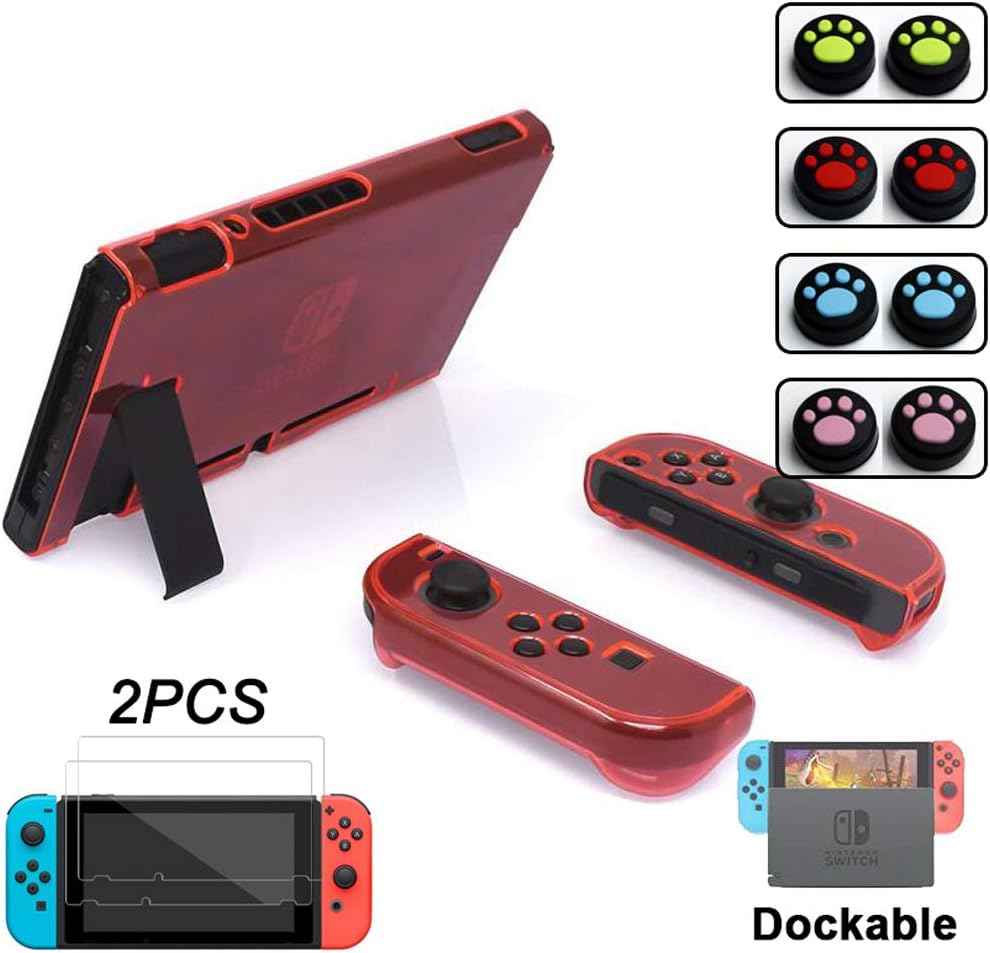 3in1 Dockable Case for Nintendo Switch, NS Switch Protective Hard Case Clear Crystal Cover Case with 2pcs Tempered Glass Screen Protector and 8pcs Thumb Grips Caps