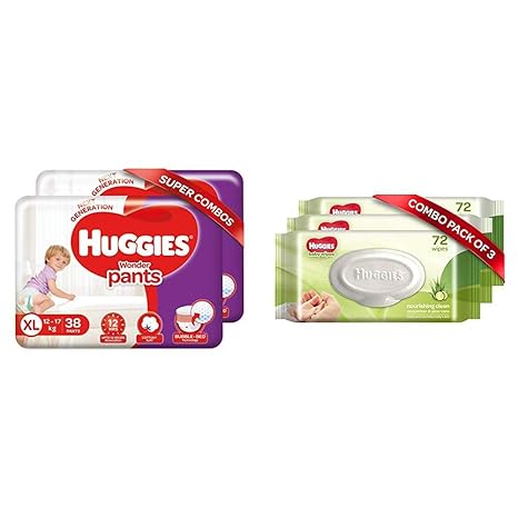 Huggies Wonder Pants Extra Large Size Diapers Combo Pack of 2, 38 Counts Per Pack (76 Counts) & Huggies Baby Wipes - Cucumber & Aloe, Pack of 3 (216 Wipes)