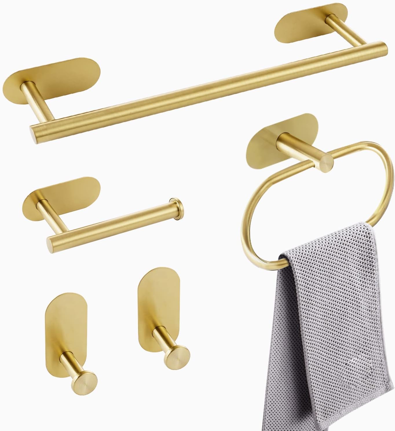 YUET Brushed Brass Bathroom Accessories Set - Toilet Paper Holder, 5 Piece Stainless Steel Hardware Kit Including 16" Towel Rail Bar, Toilet Roll Holder, Towel Ring, and Robe Towel Hooks (Gold)