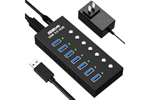 SGEYR Powered USB Hub, Aluminum USB 3.0 Data Hub Splitter 7 Ports with USB Charging Ports and Individual On/Off Switches with 12/2A(24W) Power Adapter for Laptop,HD Webcam,Printer (Light Black)