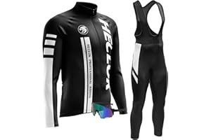 HECLOK Men Cycling Jersey Set Long Sleeve Pro Cycling Clothes + Bib Pants with 9D Gel Padded ＋Cycling Windproof Goggles