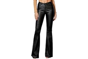 Lover Premium Women's Faux Leather Coated Flare Pants Mid Waist PU Skinny Black Leggings Bell Bottom Pants with Pockets