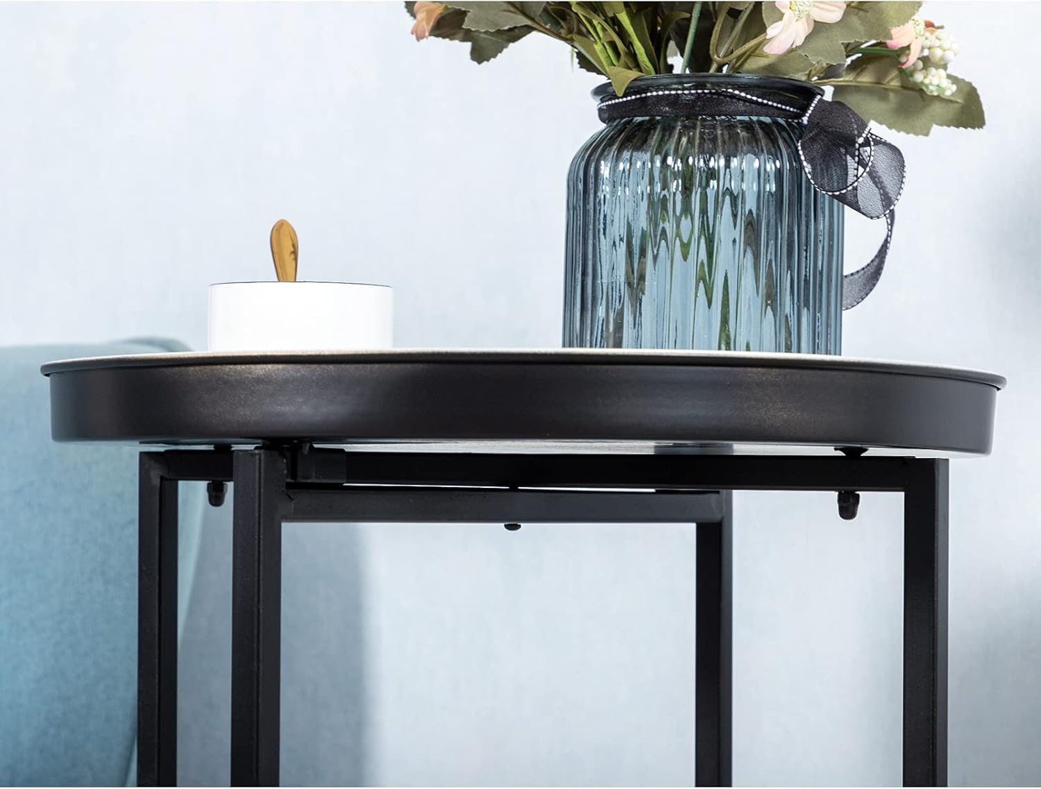 HollyHOME Small Round Metal Waterproof End Table, Accent Indoor&Outdoor Coffee Side Table, Snack Sofa Table for Living Room, Anti-Rust Decorative Plant Stand, (D) 14.5" x (H) 25", Black/White: Kitchen & Dining
