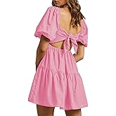 OWNGIGI Women's Summer Dress Square Neck Puffy Short Sleeve Loose Tie Back Casual A-Line Mini Dresses