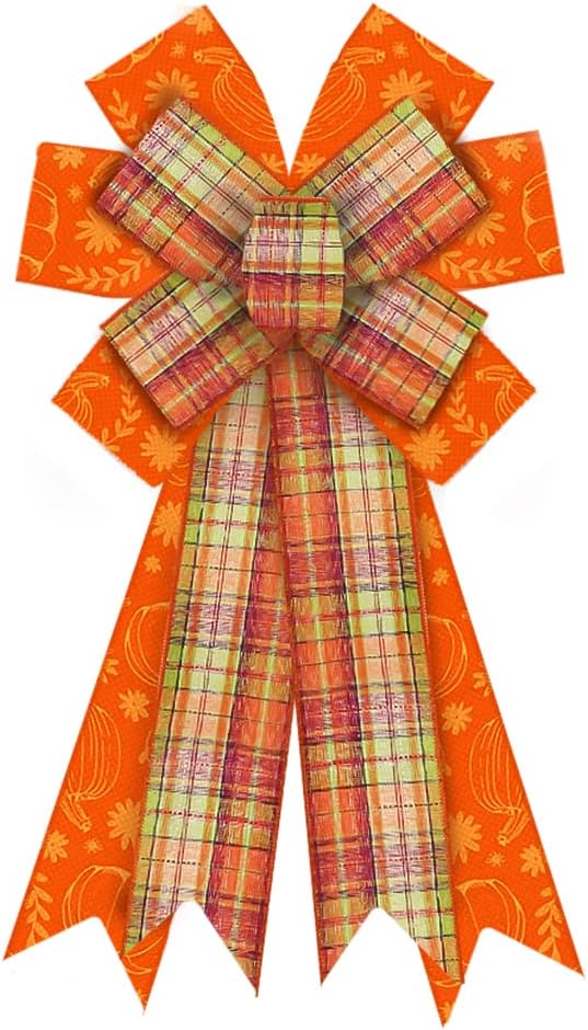 Bows & Ribbons - Large Fall Bow for Wreath, Burlap Orange Green Plaid Wreath Bow for Autumn Décor Orange Pumpkin Bow for Front Door Indoor Outdoor Wall Tree Topper Decoration Supplies Thanksgiving Ornament