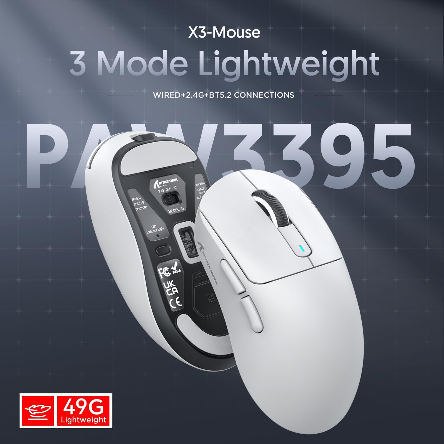 MAMBASNAKE Attack Shark X3 Wireless Gaming Mouse, 49g Ultralight, PixArt PAW3395 26000 DPI, Bluetooth/2.4Ghz /Wired Tri-Mode, 200Hrs Rechargeable Battery, Kailh GM8.0 Switch for PC/MAC/Win - White