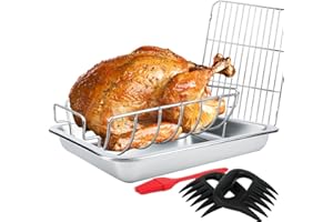 Dallden Stainless Steel 3-Piece Turkey Roasting Rack with Pan –Rib Rack for Grilling and Smoking Rectangular Roaster with C-Shaped and Flat Racks for Turkey, Chicken, Meat, Lasagna