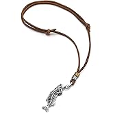 COOLSTEELANDBEYOND Fish Skeleton Pendant, Mens Leather Cord Necklace, Vintage Rustic Jewelry, Unique Boho Outdoor Style