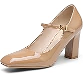 NEWBELLA Women's Square-Toe Mary Jane Pumps, Chunky Block Heel, Closed-Toe Dress Shoes for Wedding, Work, Casual Wear