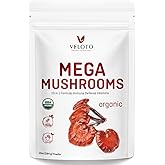 VELOTO Organic Mega Mushroom Powder Blend,10 in 1 Complex Mushroom Extract Powder Herbal Supplement with Reishi, Cordyceps, Chaga, Lion's Mane, Vegan & More, Sustainably US Grown, Filler Free, 10oz