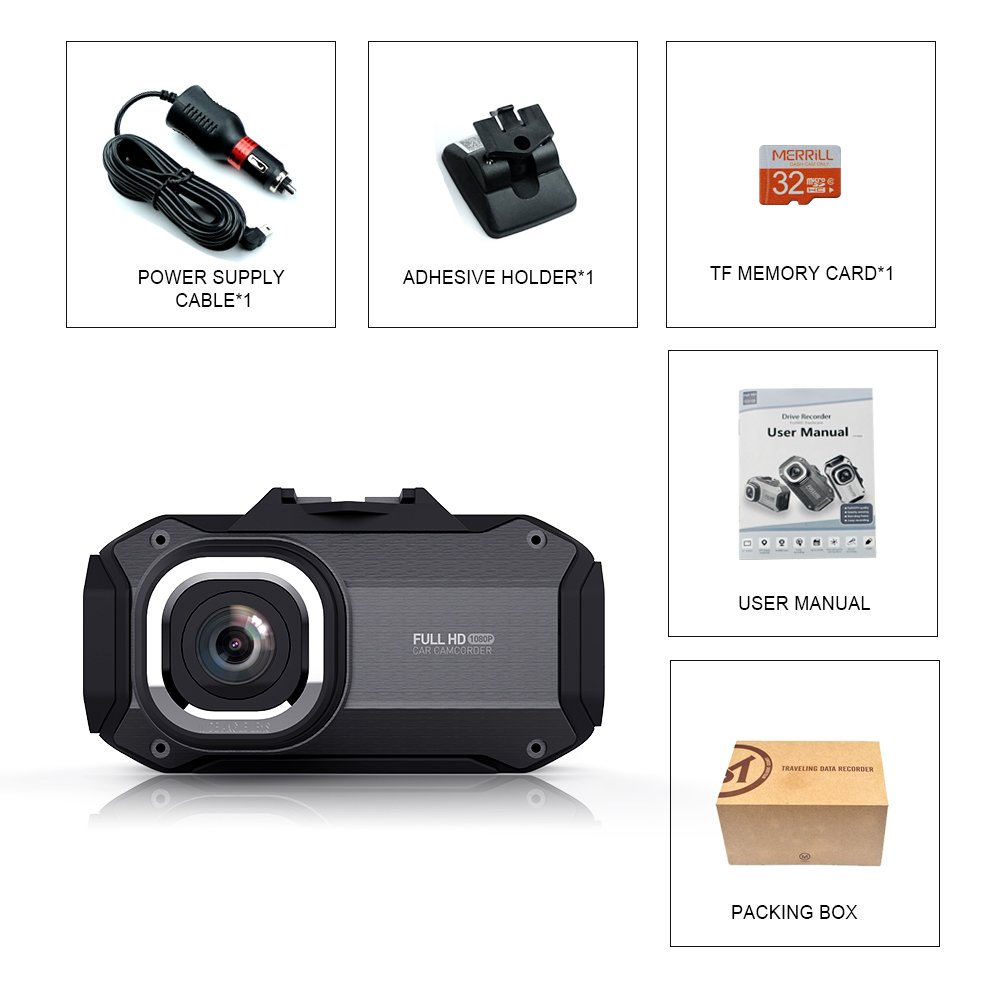 MERRiLL Dash Cam for Car 150° Wide Angle 12 Megapixel 1080P 2.7 inch with Parking Monitor, Night Vision, Loop Recording, G-sensor, 32G SD Card