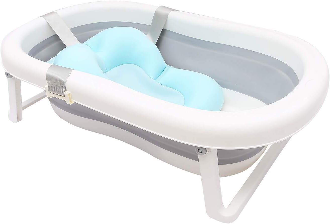 Collapsible Baby Bath Tub with Non-Slip Mat/Foldable Bathing Tub/Portable Shower Basin for Baby, Newborn, Infant - Blue
