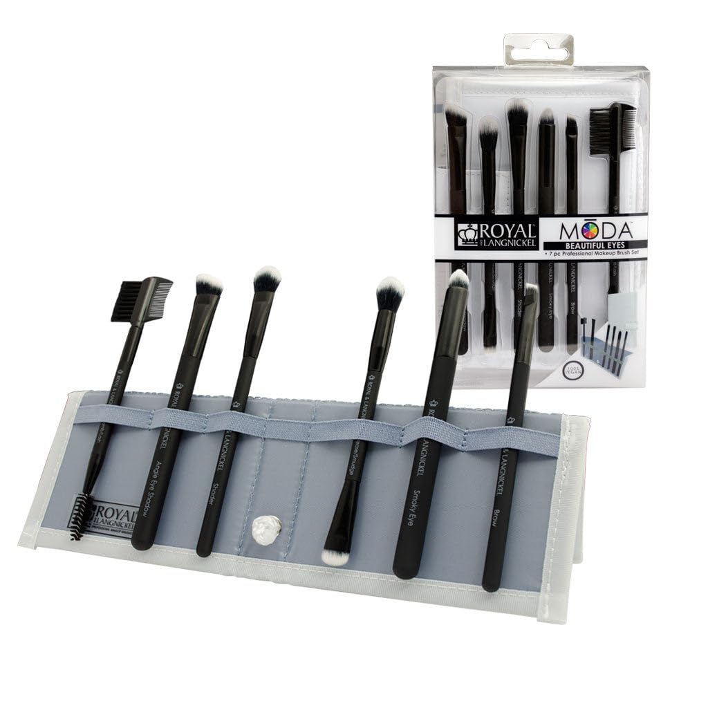 MODA Royal & Langnickel Travel Size Beautiful Eyes 7pc Makeup Brush Set with Pouch, Includes - Angle Shader, Crease Smudger, Eye Shader, Smoky Eye, Brow Liner and Lash Comb Brushes, Black