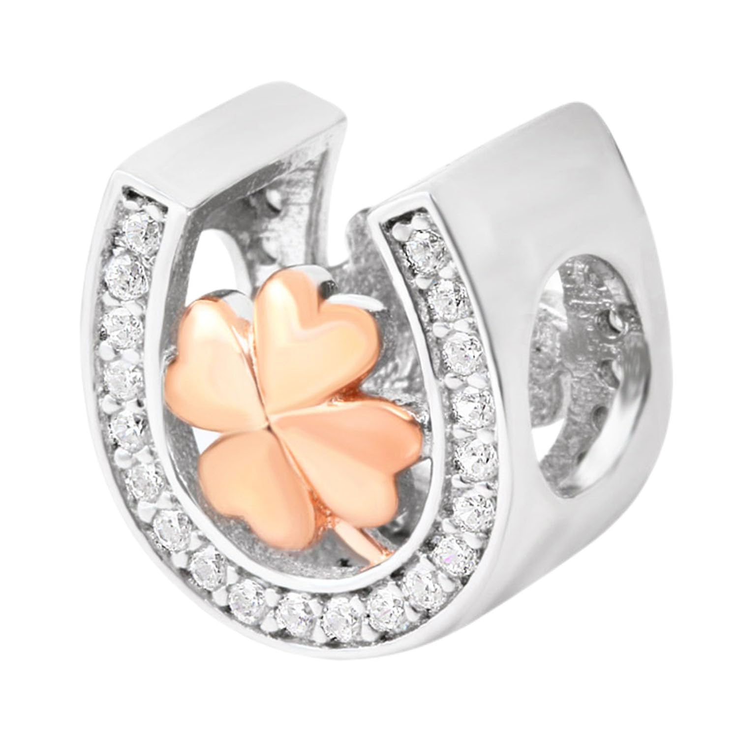 925 Sterling Silver Rose Gold Horseshoe Charm Clover Charm Lucky Charms Clear Stone Star Charm for Pandora Charm Bracelet (A)