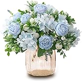CYANLUX Artificial Peonies Fake Flowers, White Pink Silk Peony Bouquet 4 Bundles with Eucalyptus Leaves for Farmhouse Home Boho Wedding Table Centerpiece Decoration (Blue)
