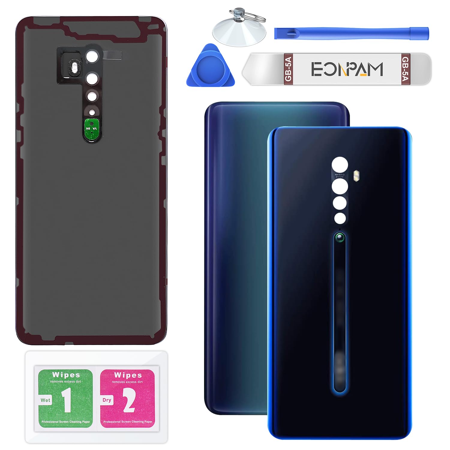 Eonpam Back Cover Glass for Oppo Reno2 Rear Glass Replacement with Repair Kit Genuine Rear Housing (Black)