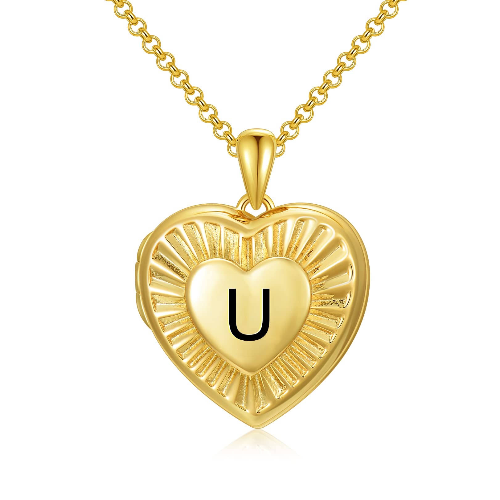 SOULMEET 18ct Gold Plated Silver Radiation Initial Heart Locket Necklace That Holds Pictures Photo Locket Necklace Alphabet U (Locket only)