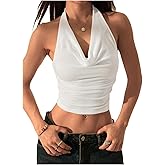 MakeMeChic Women's Halter Top Draped Neck Backless Y2k Sleeveless Crop Tank Tops Party Clubwear