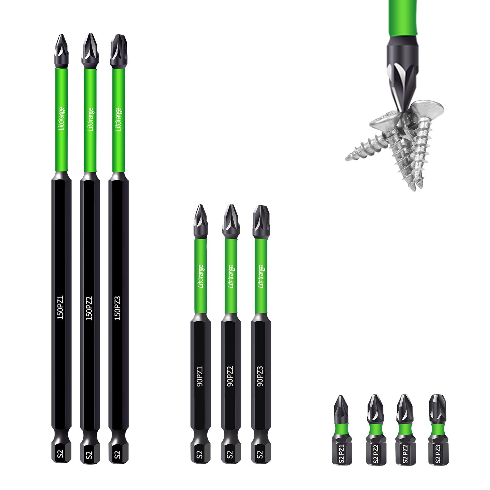 Litorange 10Pcs PZ1 PZ2 PZ3 Magnetic Impact Driver Bits, S2 Steel Long Pozidriv Screwdriver Bit Set 150 mm 90 mm 25 mm