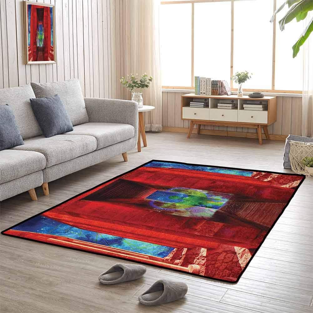 Egypt Classroom Mat Rug Phoenix Greek Mythical Creature Reborn Bird in Building with Stairs Digital Image Children Bedroom Rugs 3'x5' Orange Blue