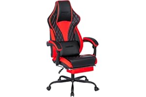 NIONIK Gaming Chair, Ergonomic Computer Gamer Chair, Gaming Chairs for Adult with Massage Lumbar, Office Video Game Chair with Adjustable Height & Backrest (Black Red)
