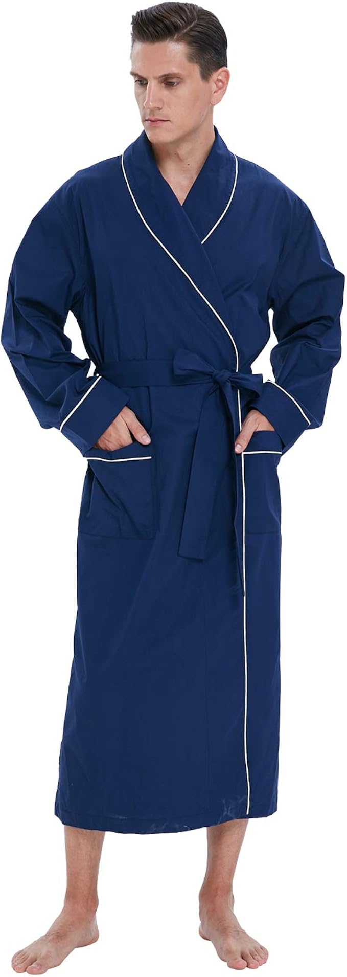 Men's 100 Cotton Blue Woven Bathrobe, never Fade, Absorbent Kimono