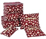 Yuhan Pretty 6pcs Packing Cubes Set Travel Luggage Organizer - 3 Travel Cubes + 3 Pouches (6 Sets, Wine Red Flowers)