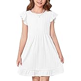 BesserBay Girls Summer Ruffle Dress Flutter Sleeve Casual Ribbed Dresses Elastic Waist with Pockets 5-14 Years