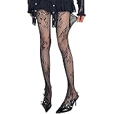 Mrotrida Women's Butterfly Flower Patterns Tights Elegant Lace Rose Print Fishnet Stockings JK Hollow Mesh Floral Pantyhose